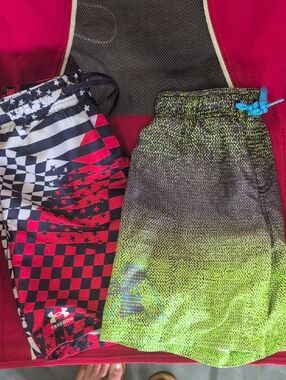 Under Armour Boys Swim Shorts - Neon Green Ombre & Red Checker Stars